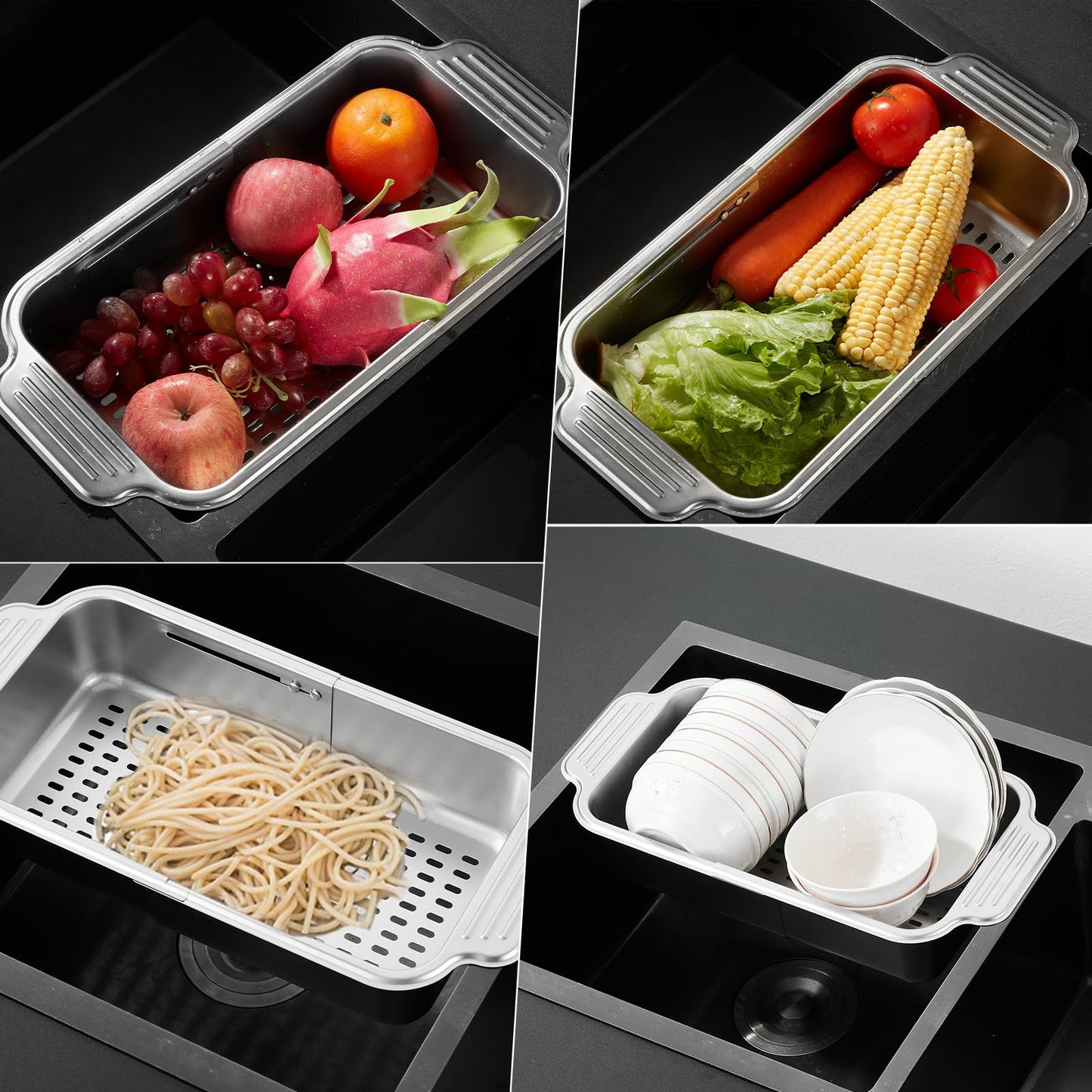 pollock 4 In 1 Collapsible Sink Colander for Kitchen Food Grade 304 Stainless Steel Over the Strainer Extend Drain Basket Washing Vegetable Fruits,Dishes