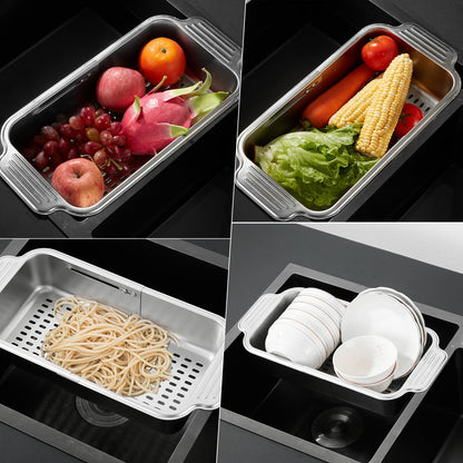 pollock 4 In 1 Collapsible Sink Colander for Kitchen Food Grade 304 Stainless Steel Over the Strainer Extend Drain Basket Washing Vegetable Fruits,Dishes