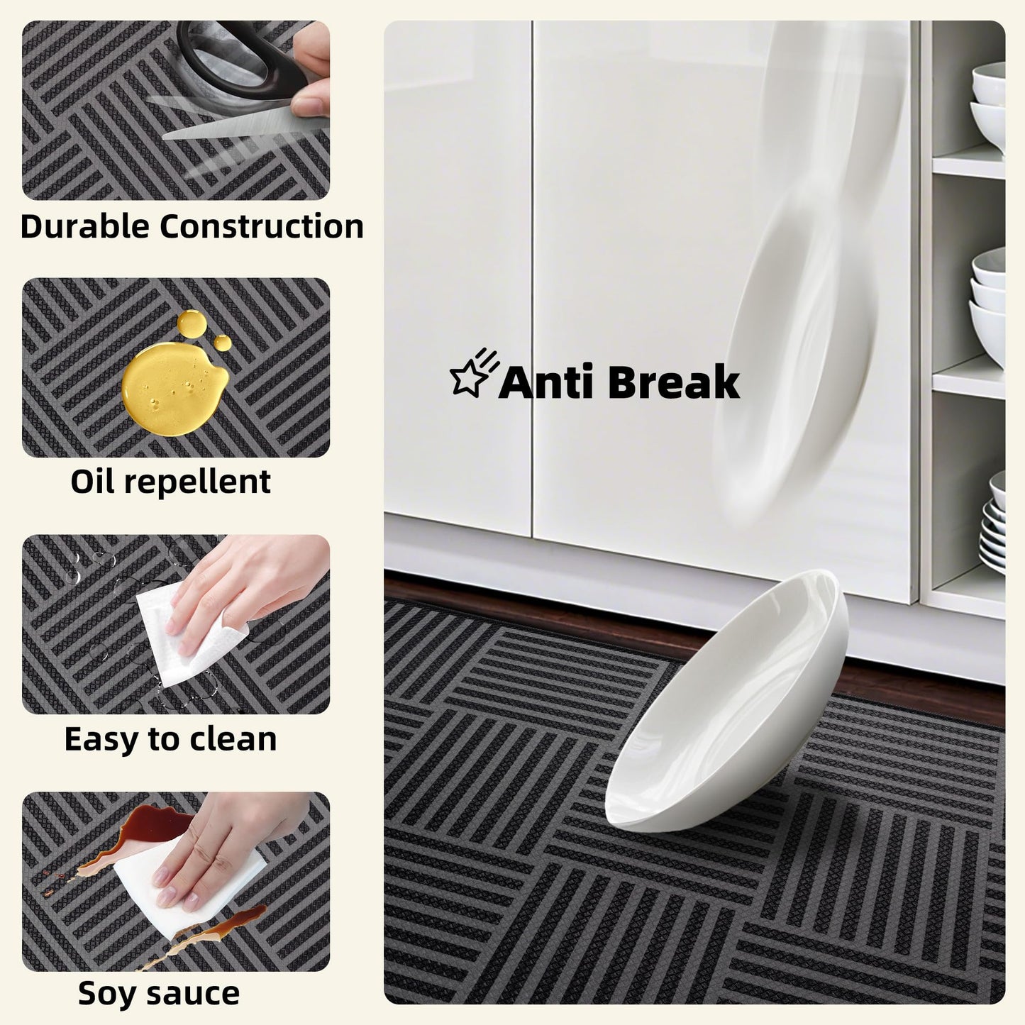 Kitchen Mats For Floor 2 Piece Cushioned Anti Fatigue Kitchen Plaid Rugs Set Non Slip Waterproof Comfort Foam Standing For Laundry,Desk,Office,Bathroom,Apartment Decor,17.3"X29"+17.3"X47",Black