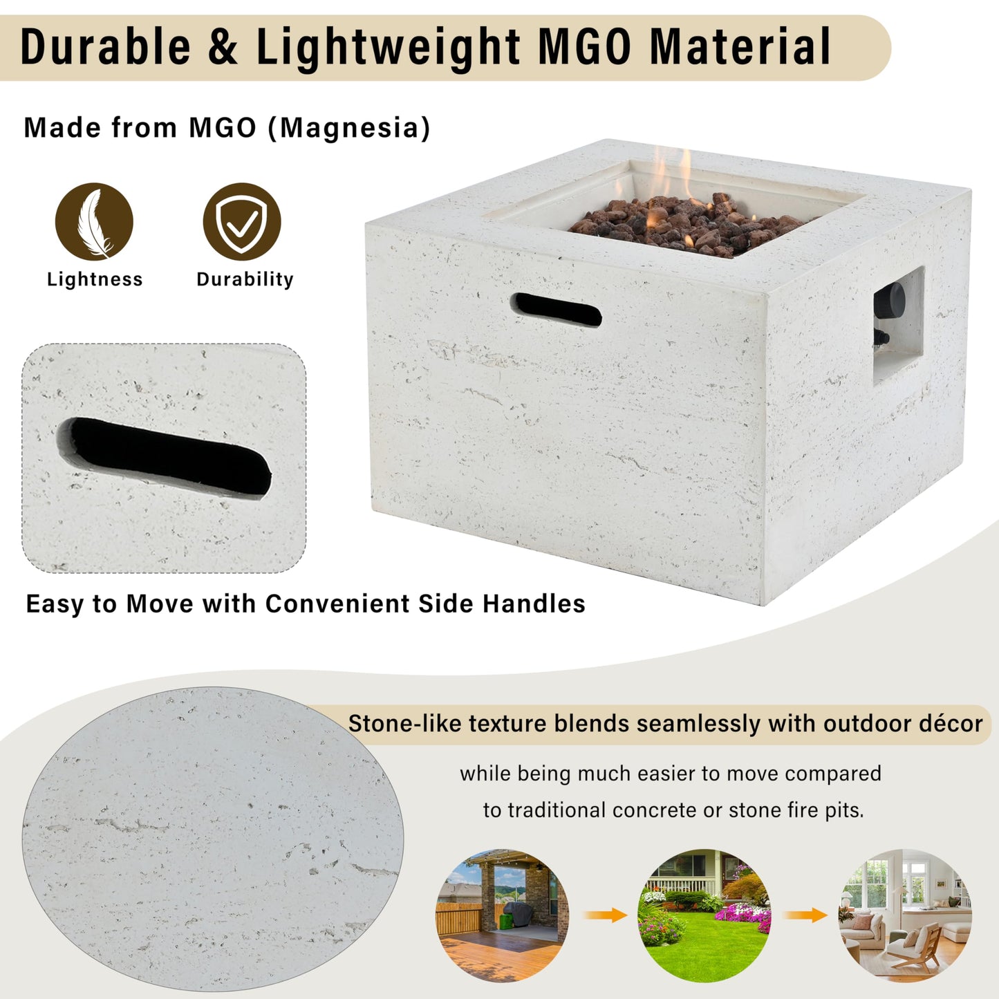 GDFStudio MgO Lightweight Square Propane Fire Pit Table, 40000 BTU Outdoor Propane Fire Pit with Steel Burner, Adjustable Flame Control, Lava Rocks & Rain Cover, Patio Backyard Deck Poolside, Beige