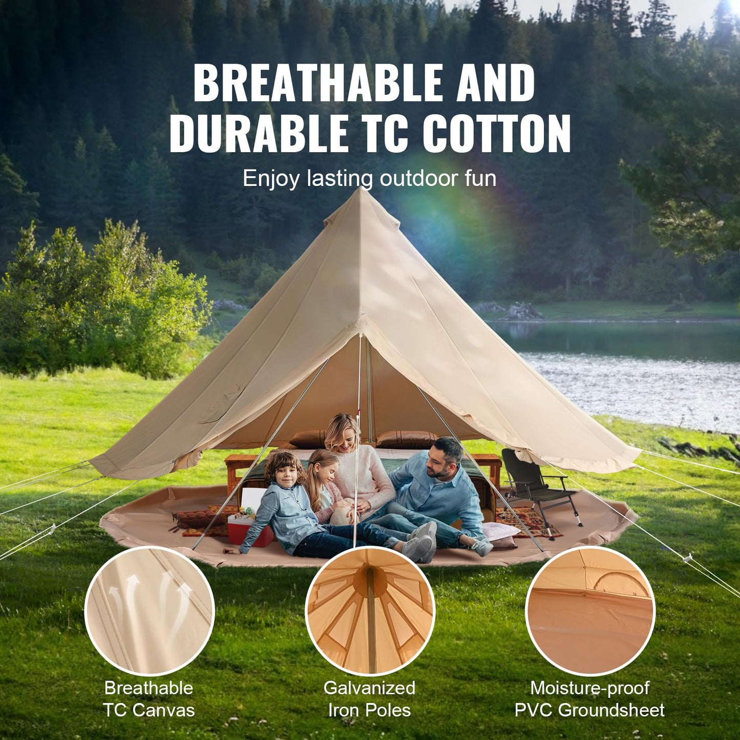 Happybuy Canvas Bell Tent, 4 Seasons Breathable 100% Cotton Canvas Yurt Tent - w/Stove Jack, 13.1ft / 4m Luxury Glamping Tent Waterproof Canvas Tents for Family Camping Outdoor Hunting Party