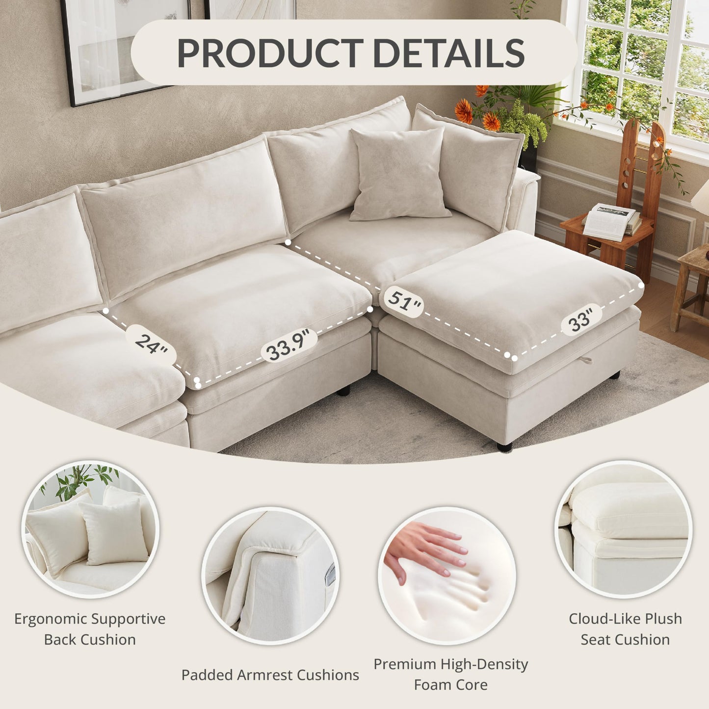 Attalee 113.4'' Modular Sectional Couches for Living Room with Storage Ottoman, Modern Comfy Deep Seat Sleeper Upholstered Cloud Couch Sofa, Oversized 4-Seat L Shaped Couch with Throw Pillows, Beige