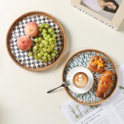 Aayoruro Round Rattan Tray with Mother of Pearl Inlay, Decorative Wicker Serving Tray with Wooden Base, Woven Basket Trays for Bread Fruits Coffee, Light Blue