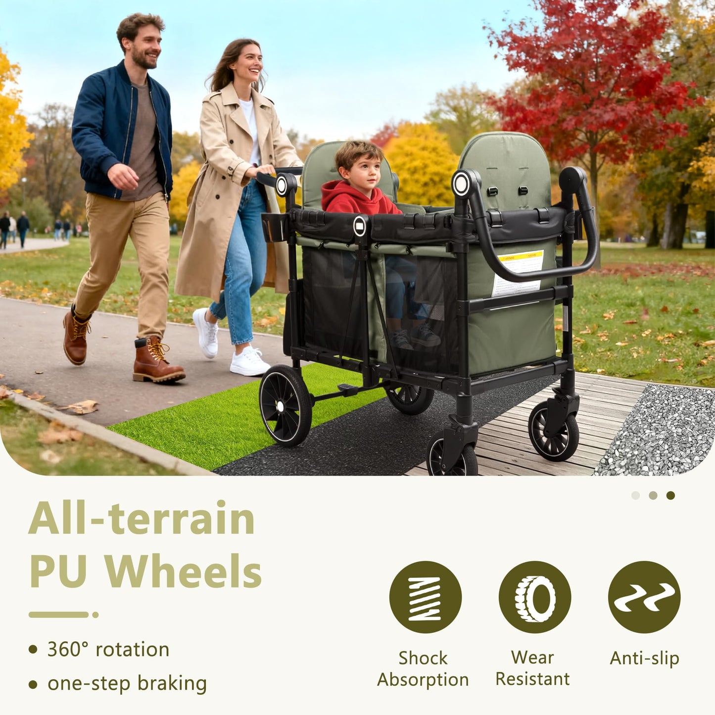 Kinder King Wagon Stroller for 2 Kids, All-Terrain Foldable Outdoor Stroller Wagon 2 Seater, Removable Canopy, Adjustable Handle, Shock-Absorbing Wheel, Detachable Tray, Large Storage, Green