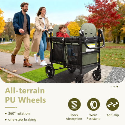Kinder King Wagon Stroller for 2 Kids, All-Terrain Foldable Outdoor Stroller Wagon 2 Seater, Removable Canopy, Adjustable Handle, Shock-Absorbing Wheel, Detachable Tray, Large Storage, Green