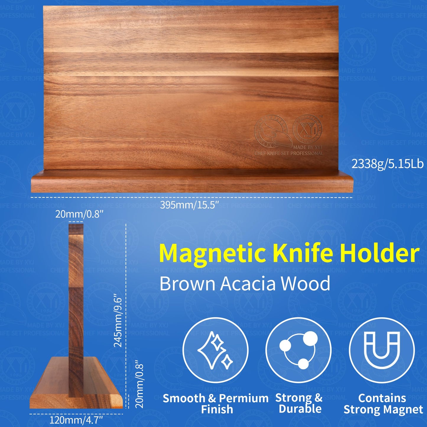 XYJ Extra Large Magnetic Knife Block Acacia Wood Knife Set Holder Stand With Stronge Magnetic Strip Kitchen Knives Storage Rack Organizer Tools No Drilling