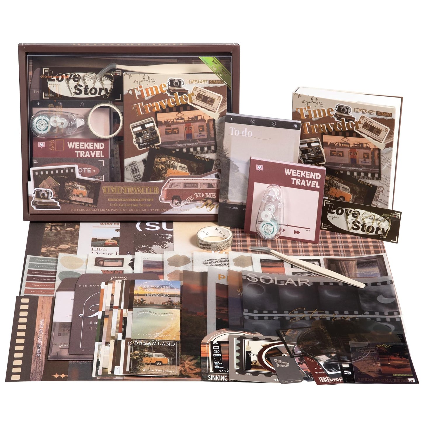 Travel Scrapbook Photo Album Supplies Kit with Tweezers and Glue Tape, Aesthetic Vintage Junk Journal Scrapbooking Paper, Sticker Pack, Notebook Craft Supplies, DIY Gift for Adult Men Women (Traveler)