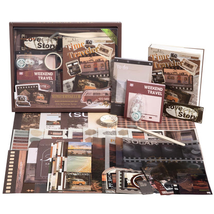 Travel Scrapbook Photo Album Supplies Kit with Tweezers and Glue Tape, Aesthetic Vintage Junk Journal Scrapbooking Paper, Sticker Pack, Notebook Craft Supplies, DIY Gift for Adult Men Women (Traveler)