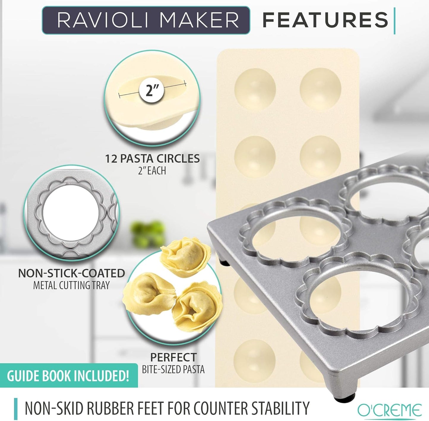 O’Creme Ravioli Maker for 12 Circles, Each 1-7/8 Inch, with Non-Stick-Coated Metal Cutting Tray