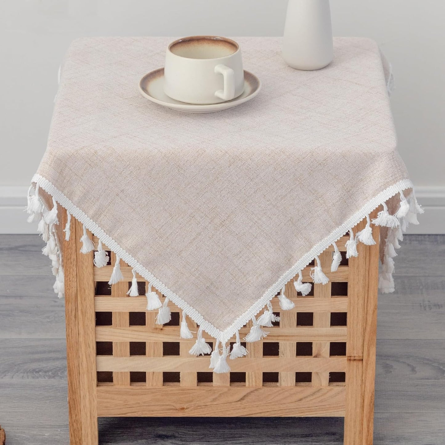 24 24 Inch Linen Small Square Tablecloth x Beige Washable Wrinkle Resistant Table Cover with Tassels Farmhouse