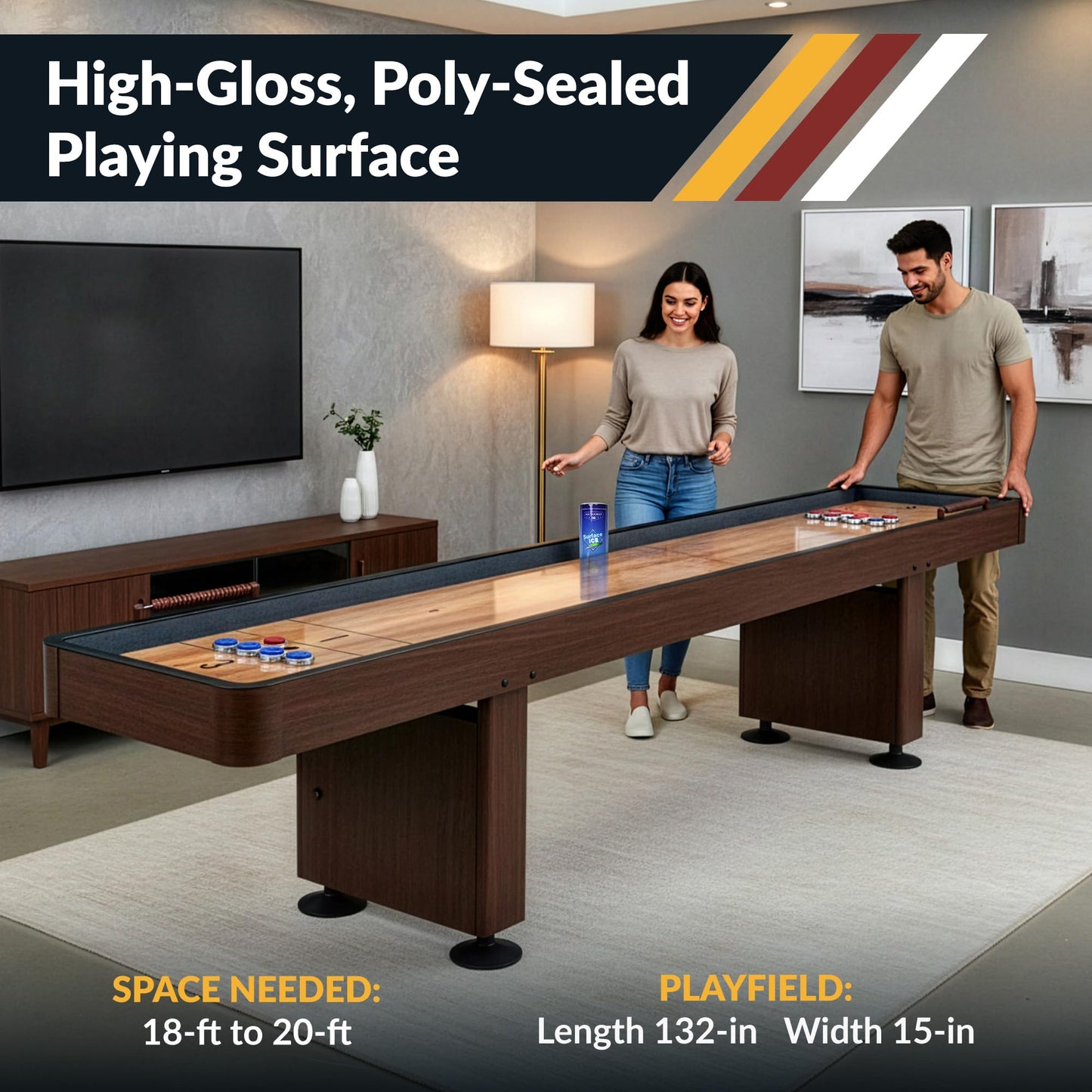 Hathaway Challenger 12 Ft Shuffleboard Table for Family Arcade Game Room - With Poly-Coated Playfield, Built-In Scorer & Cabinet, Climate Adjusters, Leg Levelers, 8 Pucks, Brush & Wax - Walnut Finish