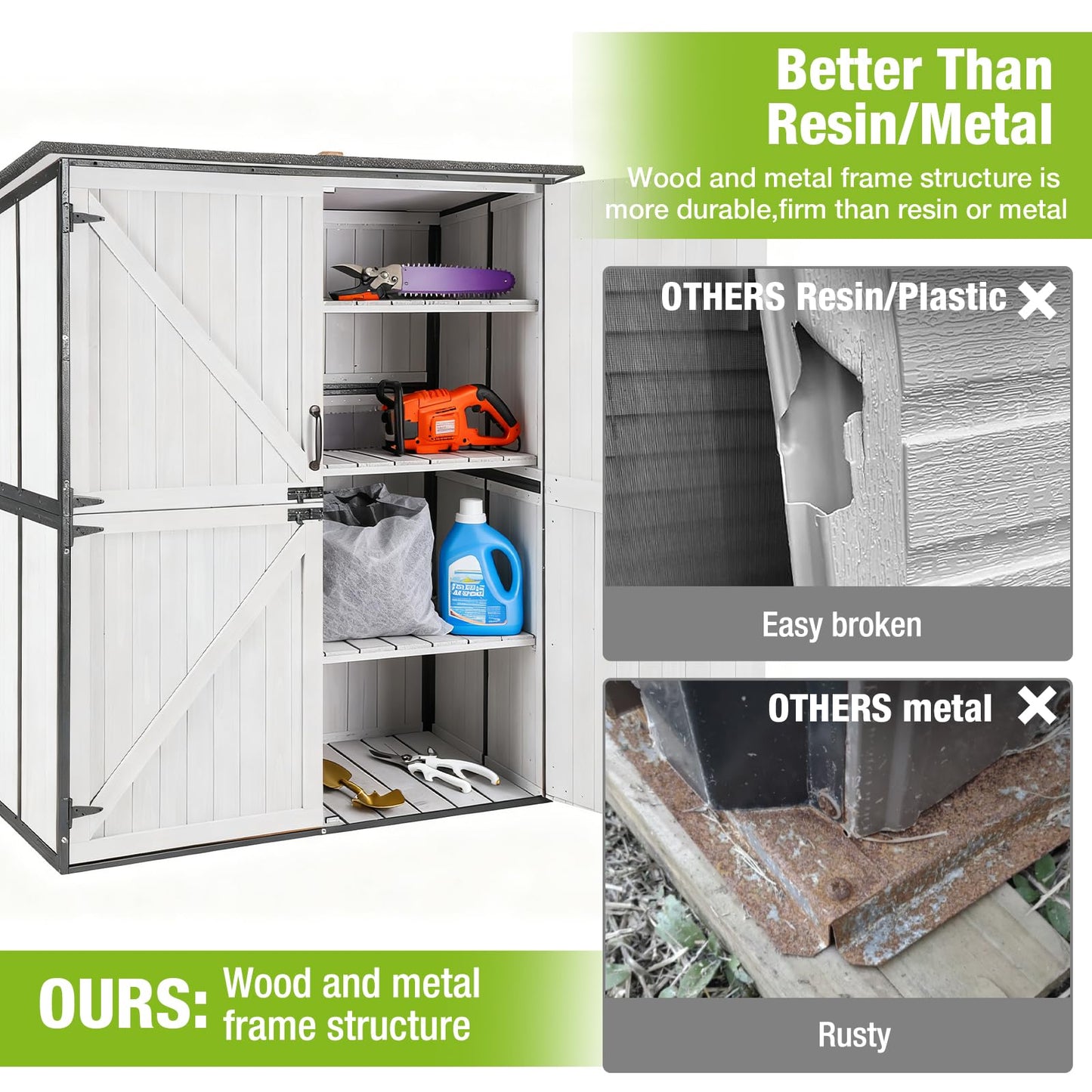 GUTINNEEN Outdoor Storage Cabinet Durable Metal Frame and Solid Wood Vertical Tool Shed with 3 Adjustable Height Shelves and Bottom Floor for Patio, Garden, Backyard, 55" L x 29" W x 67" H