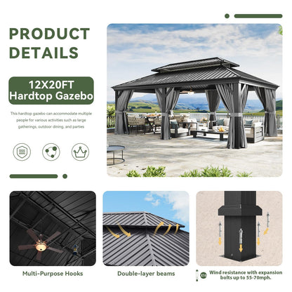 Aoxun 12' X 20' Hardtop Gazebo with Drainage System, Aluminum Outdoor Gazebo with Galvanized Steel Double Roof, Patio Permanent Metal Pavilion with Netting, for Garden, Deck, Grey