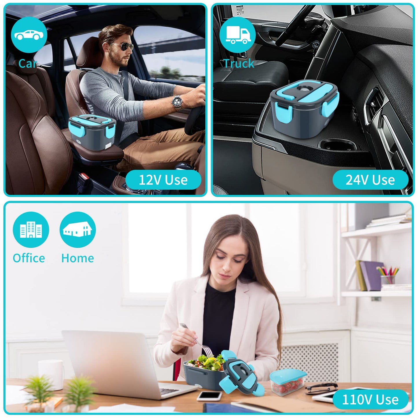 CHARMDOO Electric Lunch Box, Food Warmer Heater 12V 24V 110V, 80W Faster Heated Lunch Box for Car/Truck/Home Portable Heating Boxes with 1.5L 304 SS Container Fork & Spoon