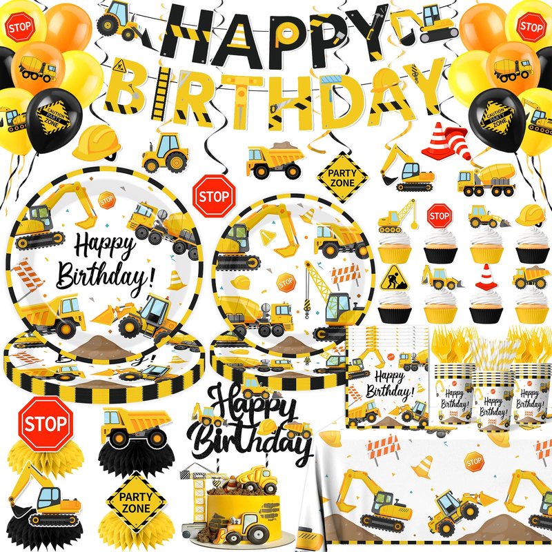 Construction Birthday Decorations,245PCS Construction Birthday Party Supplies-Includes Plates Napkins Cups Banner Balloons Tablecloth and Cake Toppers for Kids TruckTheme Celebration Tableware