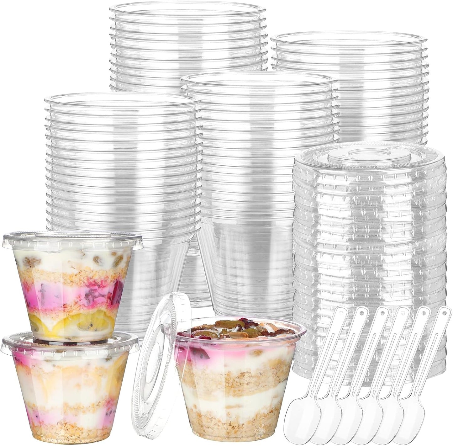 200 9 oz Sets, 100 Pack 100 Didaey Pcs Clear Plastic Parfait Cups with Flat Lids and Spoons Disposable Yogurt Parfait