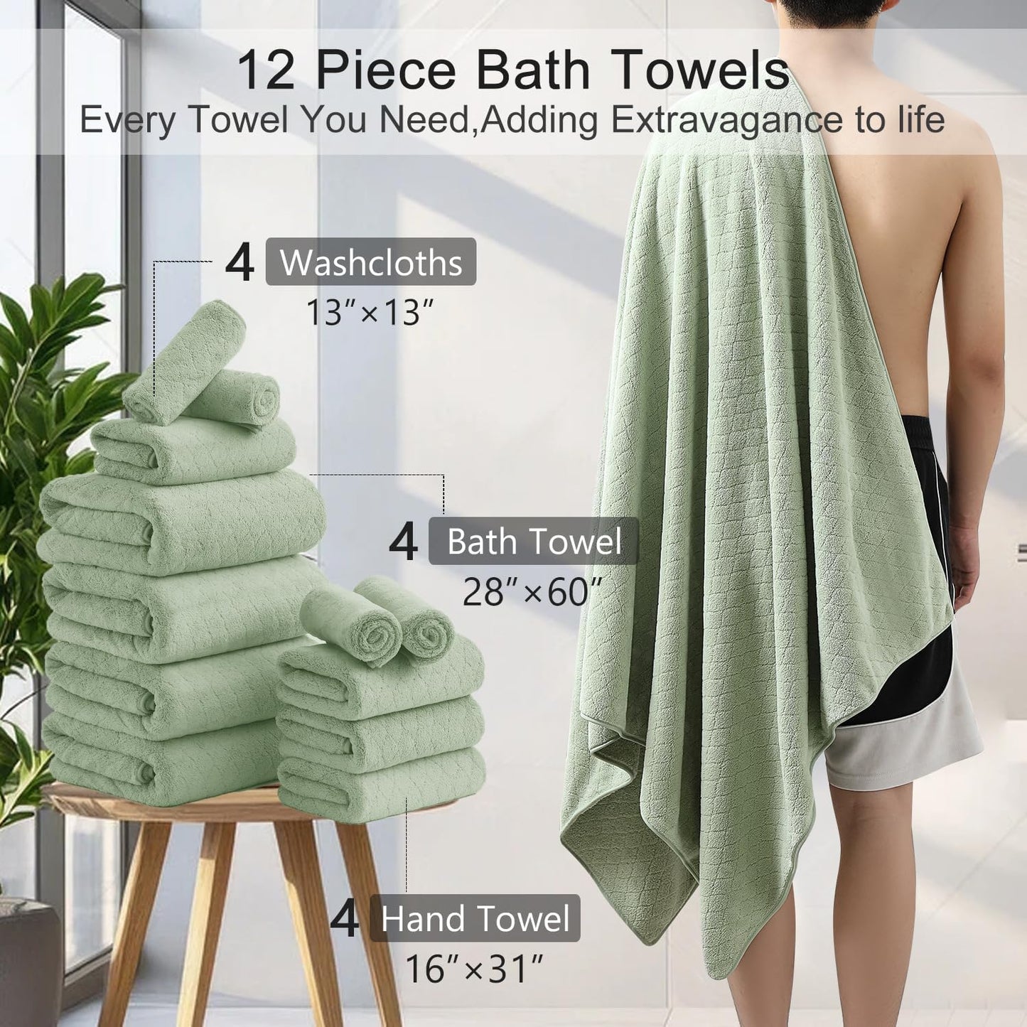 Set 12 (4 Towels,4 Towels,4 100% Pack Luxury Bath Towels - Piece Large Bath Hand Washcloths), Microfiber,Extra
