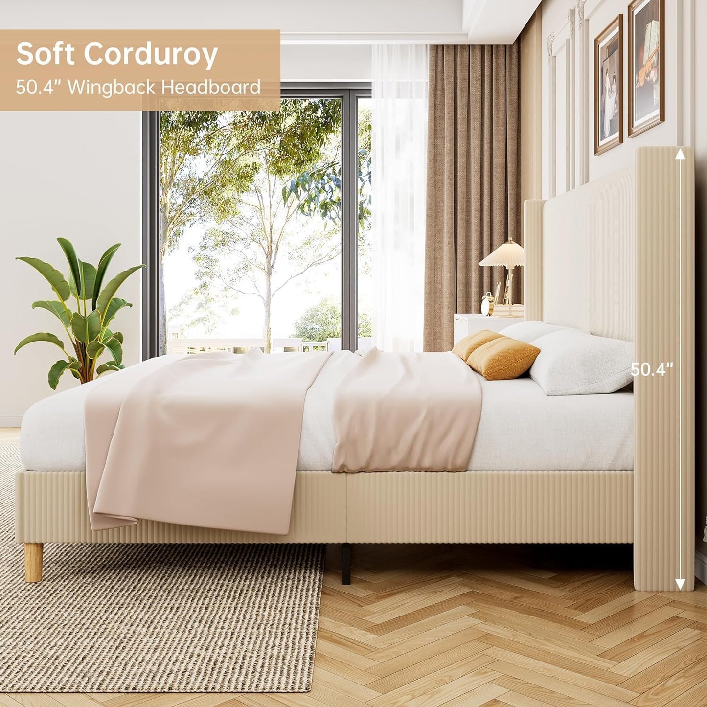 GarveeLife King Size Corduroy Upholstered Bed Frame, 50.4" Wingback Headboard with Sponge Padding, Wooden Slats Support, Noise‑Free, No Box Spring Needed, Beige
