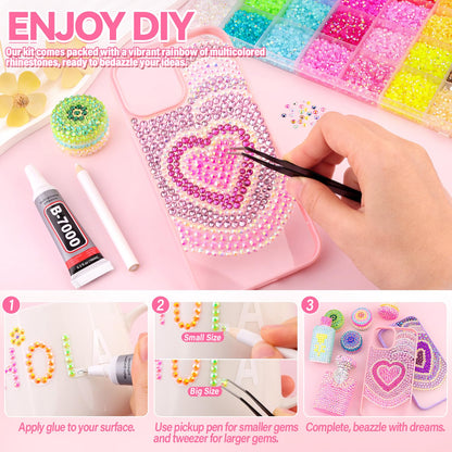 30000Pcs Resin Rhinestones for Bedazzling Kit, 2 Boxes Multicolor 3mm&4mm Bedazzled Crystal, Flatback Gems with 3Pcs 10ml B7000 Jewelry Glue for DIY Crafts Clothing Nail Art Makeup