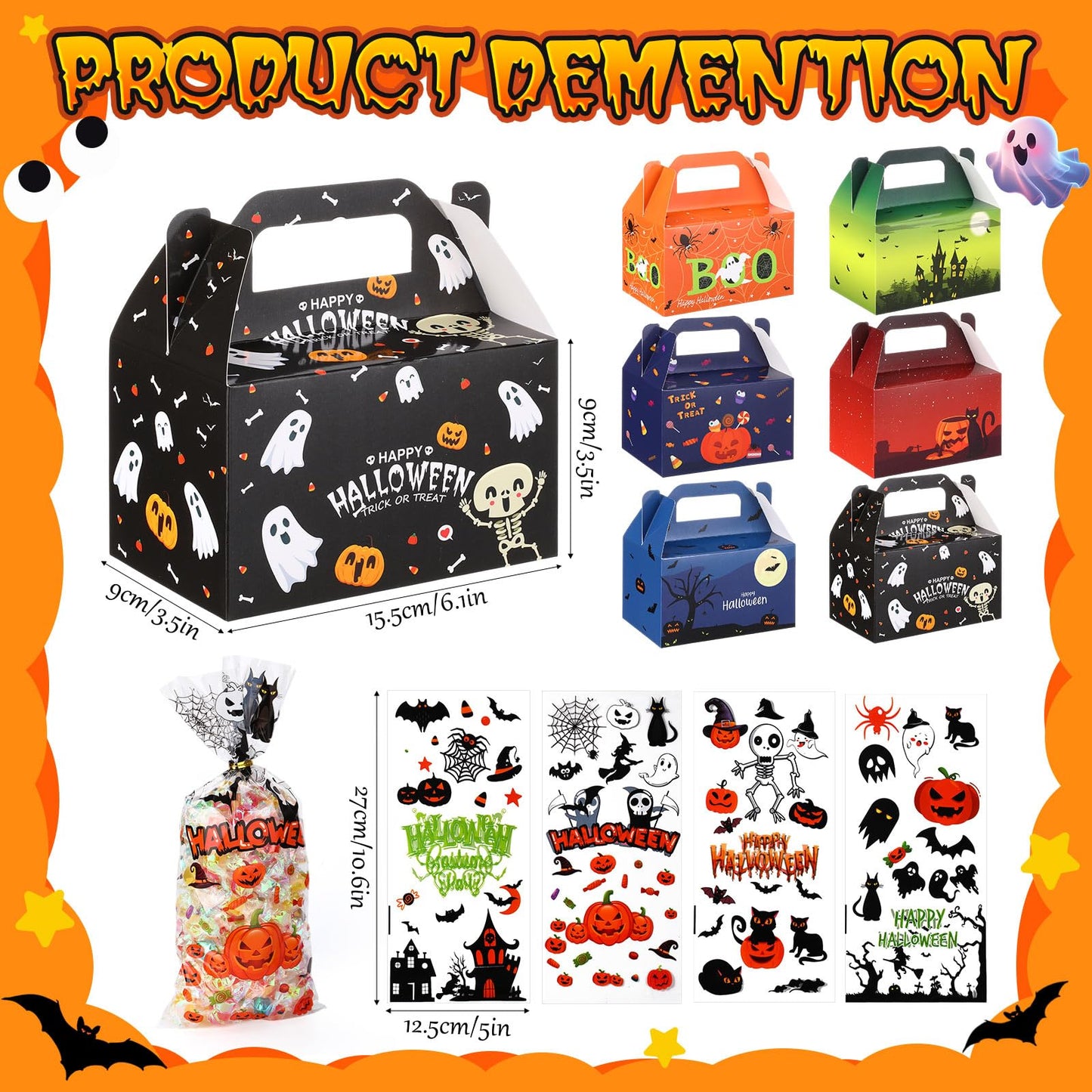 ReliThick 80 Pack Halloween Treat Box with Cellophane Bags Trick or Treat Goodie Cookie Candy Boxes for Treats Ghost Halloween Bag for Party