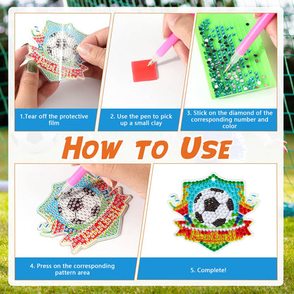 JSRQT 5D DIY Football Diamond Art Painting Keyrings Kit, Double-Sided Diamond Pasted Painting Keychians for Adult Kids, Rhinestone Mosaic Craft Painting Pendant for Handbag Backpack Party Decoration