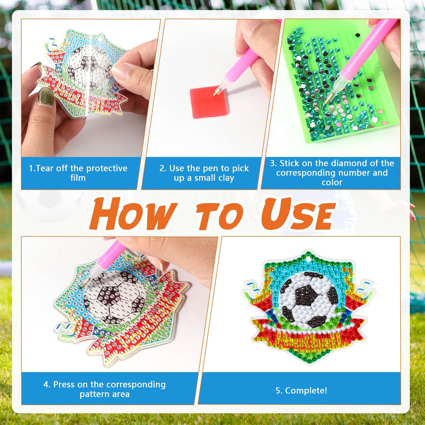 JSRQT 5D DIY Football Diamond Art Painting Keyrings Kit, Double-Sided Diamond Pasted Painting Keychians for Adult Kids, Rhinestone Mosaic Craft Painting Pendant for Handbag Backpack Party Decoration