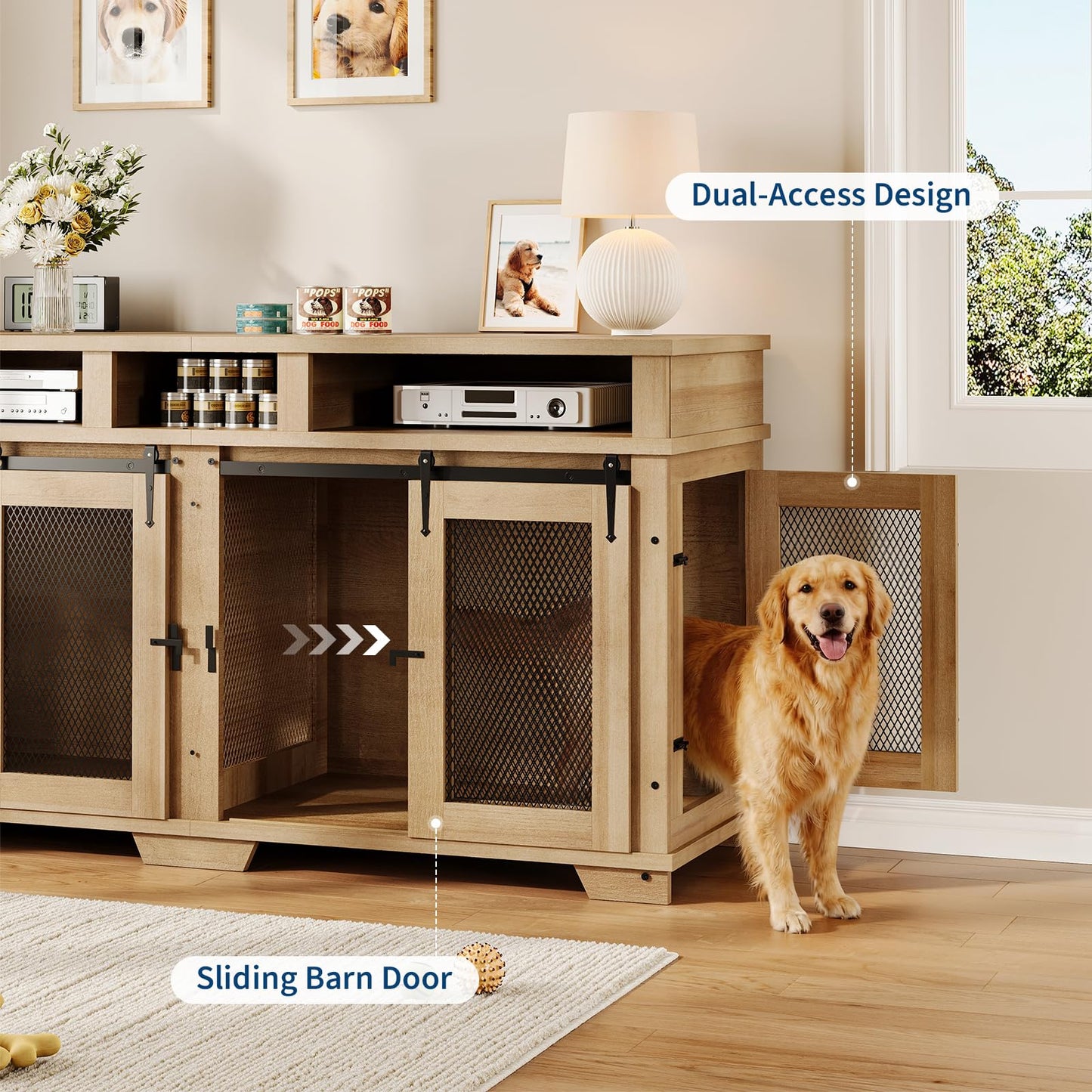 Garvee 71'' Dog Crate Furniture for 2 Dogs, Extra Large Double Dog Kennel Indoor with Removable Divider and Storage Drawers, Wooden Dog Crate TV Stand for Large Medium Dogs