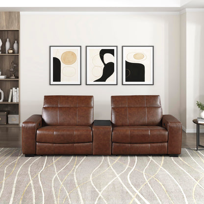 Lexicon Sectional Couches for Living Room-Modular Sectional Sofa, Power Double Reclining Loveseat with Center Console, Power Headrests, Charging Ports, Dual Cup Holders, Top Grain Leather Brown