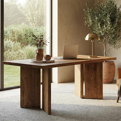 LITTLE TREE 63" Long Large Wood Desks, Solid Wood Office Desk, Farmhouse Executive Computer Desk, Home Office Workstaticon, Work Writing Table, Rustic Brown