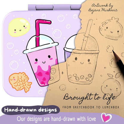 BEARFOOT Kids Lunch Box with Compartments – Compact & Lightweight | Leak-Proof, BPA-Free, Dishwasher Safe | Hand-Drawn Design for Preschool, School, Travel (BubbleTea Purple, 4 Cups)
