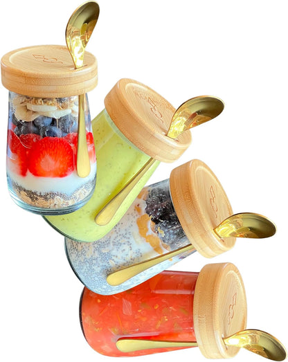 16 oz 4 pack Premium Overnight Oats Containers with Bamboo Lids and Golden Spoons - Glass Jars - - Plastic Free