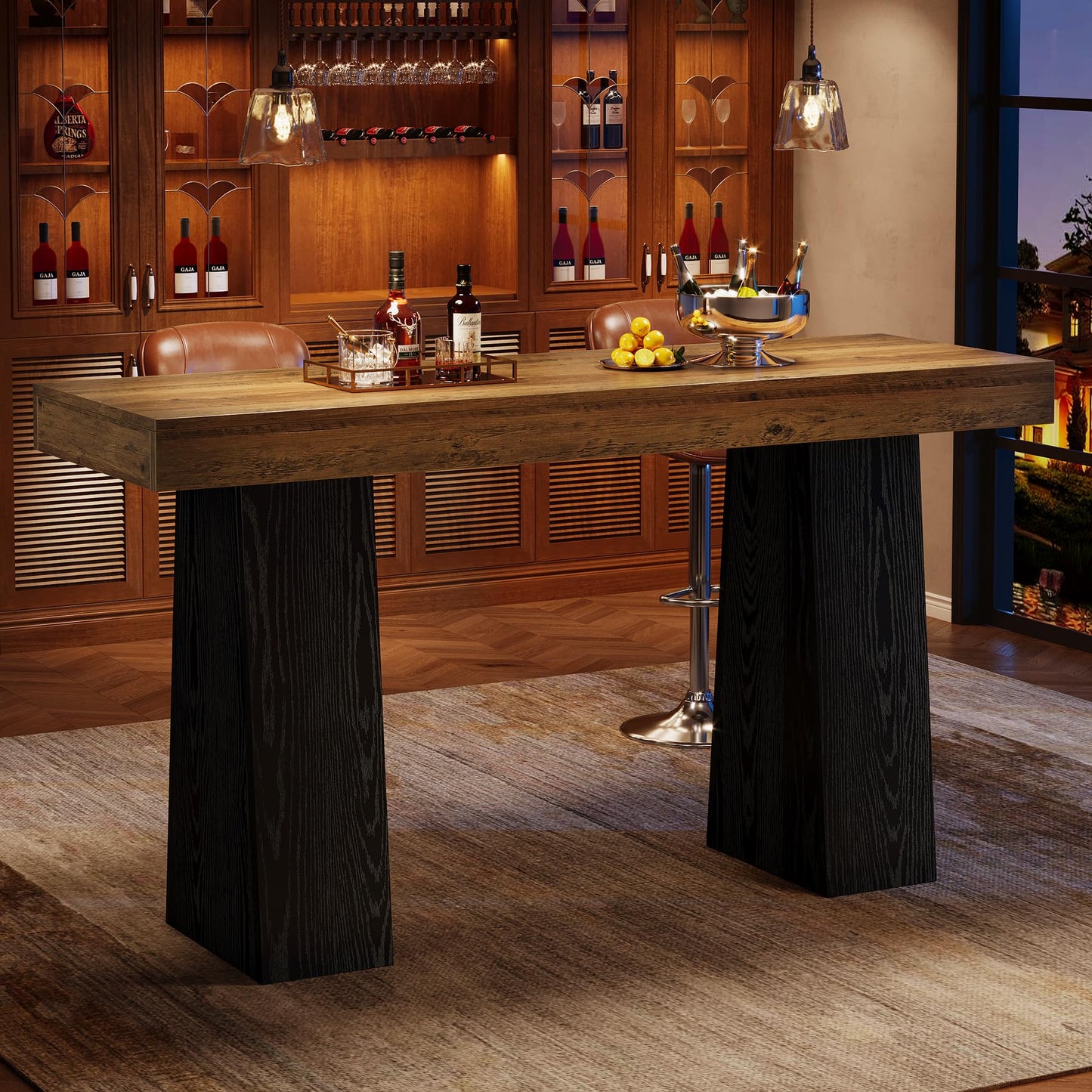 Tribesigns 63 Inch Wood Bar Table, Rustic Rectangular Bar Height Counter Table with Thickened Tabletop & Sturdy Base for Home, Basement, Event, Brown Black (1)