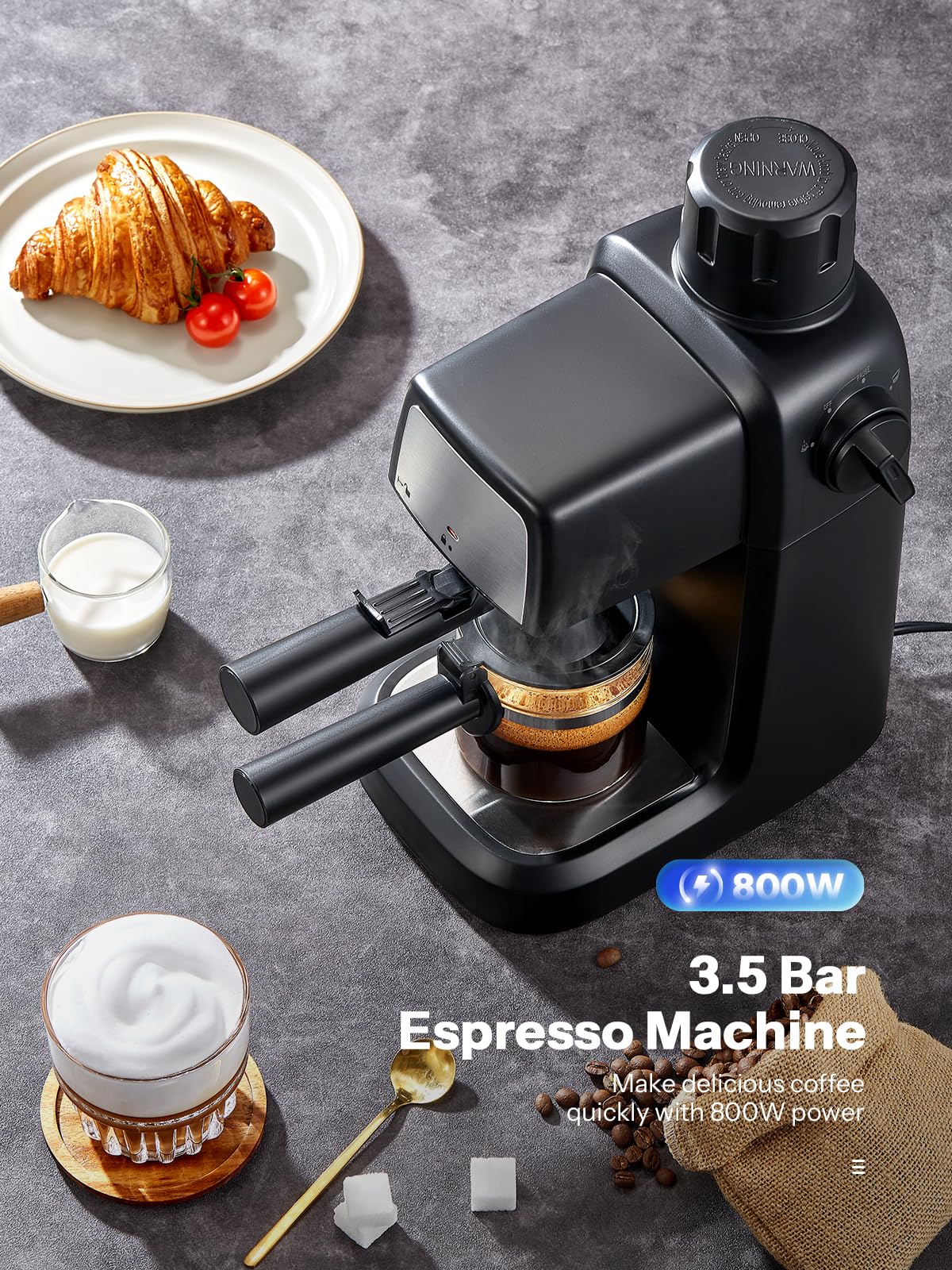 Reemix Espresso Machine 3.5 Bar, 800W Compact Size Coffee Maker with Steam Wand, 4 Cups Cappuccino & Latte Machine for Home and Office