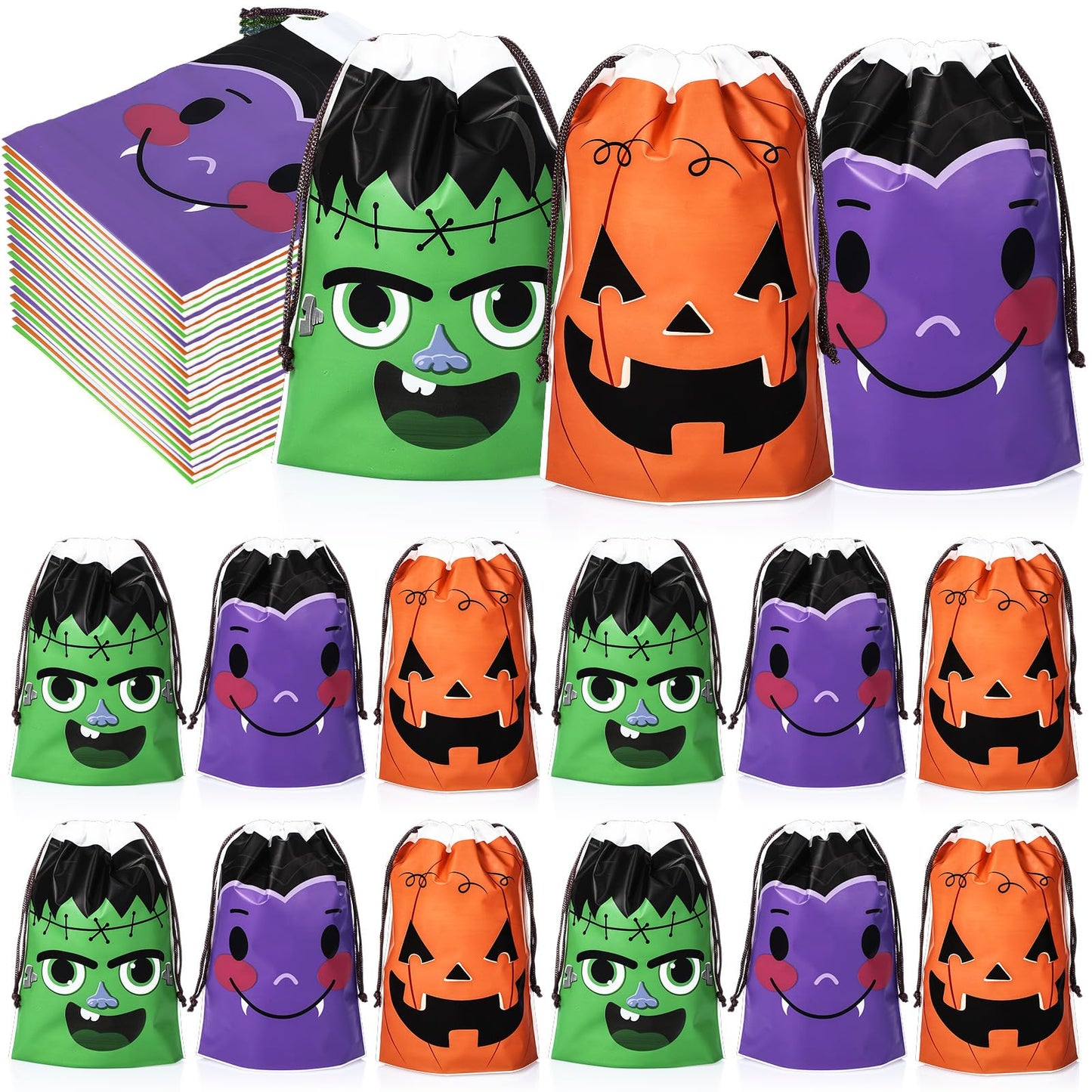 Wonderjune 75 Pcs Halloween Drawstring Treat Bags Halloween Plastic Candy Goodie Treat Sack Gift Bags for Boys Girls Birthday Holiday Theme Party Favors Supplies