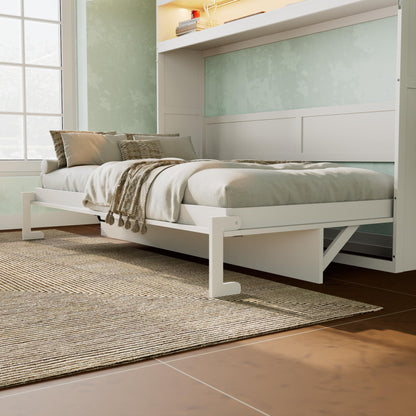 DNYN Murphy Bed Frame with Top Cabinet and LED for Bedroom/Guest/Study Room, Twin Size Wooden Foldable Wall Bed with USB Ports, Space-Saving Design & No Box Spring Needed