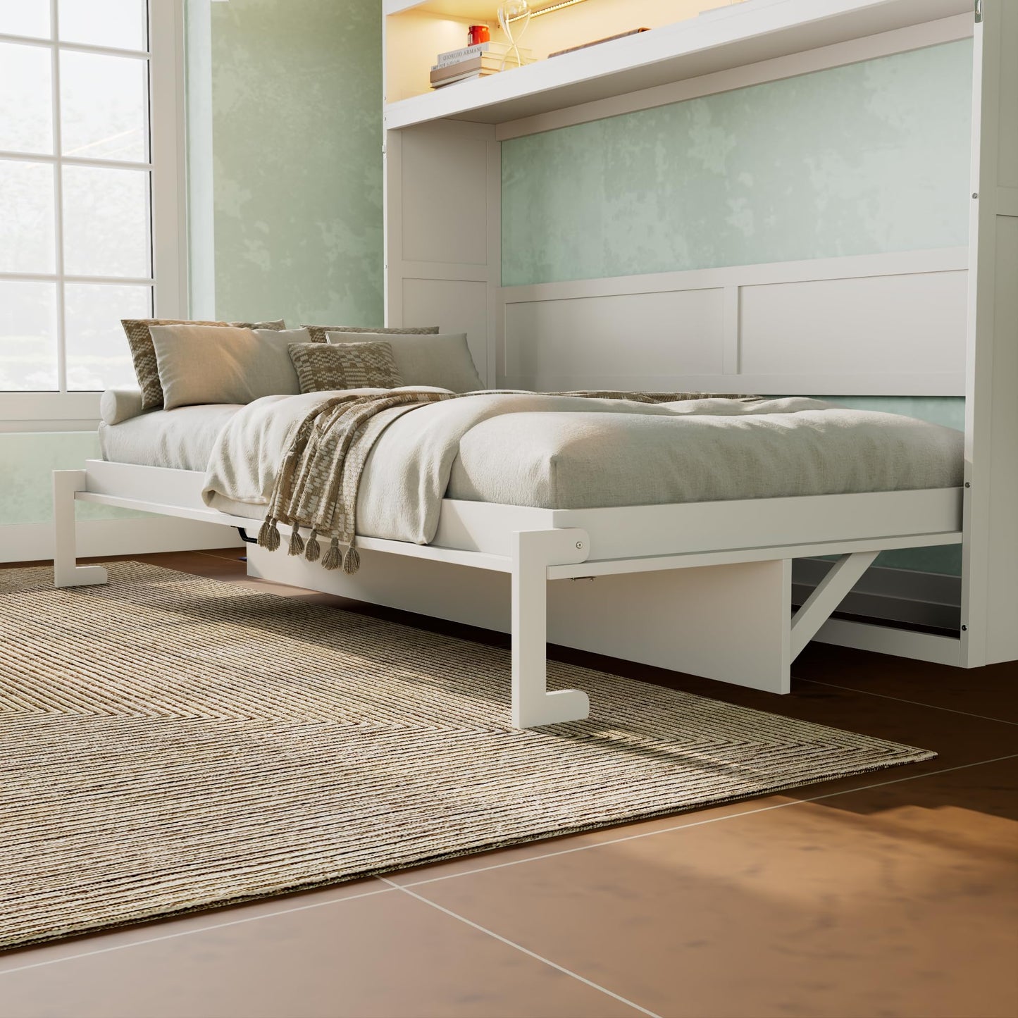 Merax Twin Murphy Bed Frame with Top Cabinet, Multi Storage Shelves & 4 Ratten Doors, 2-in-1 Bed Desk Space Saving Foldable Wall Bed with Light & USB Charging Ports, White