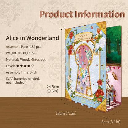 Tonecheer DIY Book Nook Kit for Adults,3D Wooden Puzzle Bookend Bookshelf Insert Library Decor, Booknook Miniature House Kit with Body Motion Sensor LED Light (Alice in Wonderland)