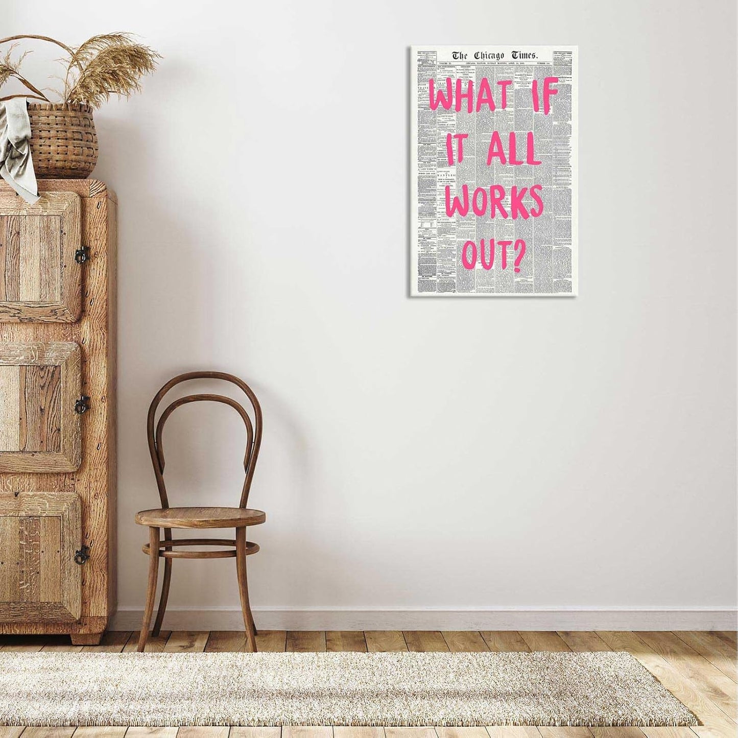 Retro Newspaper Poster by What If It All Works Out - Pink Font Canvas Wall Art | Positive Affirmation Decor 24x36in