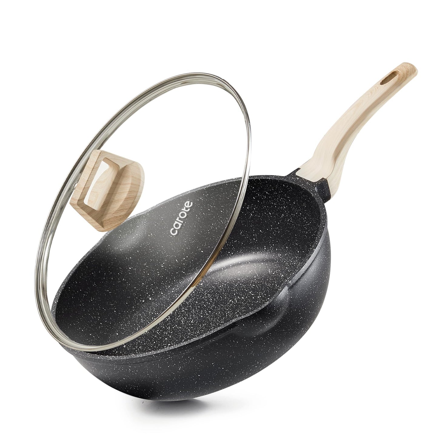 CAROTE 12 Inch Nonstick Deep Frying Pan with Lid, 5.5 Qt Jumbo Cooker Saute Pan with Pour Spout, Skillet Induction Cookware, Non Stick Cooking Pan PFOA Free, Classic Granite
