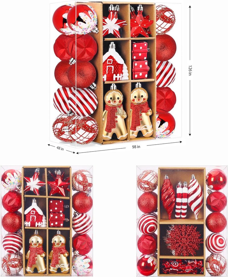 SHareconn 65pcs Christmas Tree Ornaments Set, Shatterproof Christmas Gingerbread Man Balls Bulk Gift Boxes, Hanging Plastic Decorative Baubles for Xmas Trees Decorations, Holiday Party, Red White