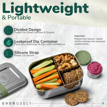 Everusely - Bento Box - Sage, 27oz / 0.8 L - Stainless Steel Lunch Box with Leakproof Condiment Container - 3 Compartment Snack Organizer for On the Go Meals - Freezer & Dishwasher Safe