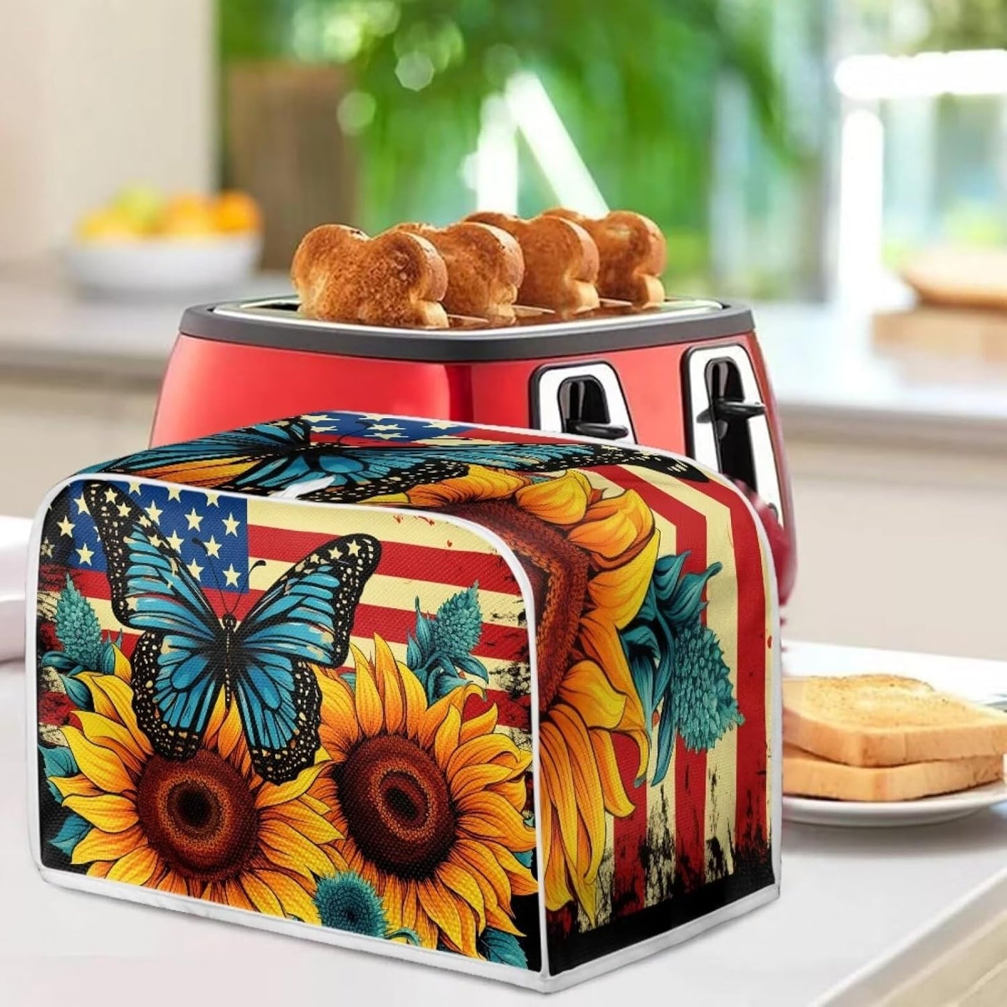 Sunflower Butterfly Print Toaster Cover, 4 Slice American Flag Washable Oven Cover for Kitchen