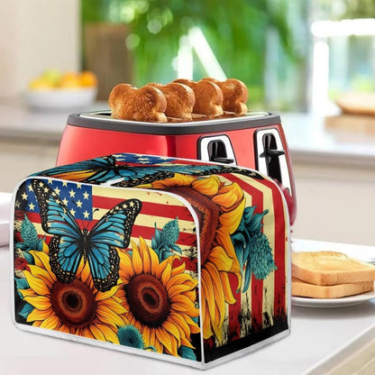 Sunflower Butterfly Print Toaster Cover, 4 Slice American Flag Washable Oven Cover for Kitchen