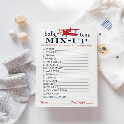 Airplane Baby Shower Games for Boys, Word Scramble Activity, 25 Cards, Adventure Theme in Red and Blue