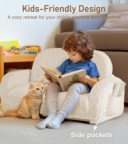 2-in-1 3+, Sherpa Fold Out Kids Couch, Extra Wide Comfy Toddler Chair, Convertible Kids Sofa to Lounger, Foldable