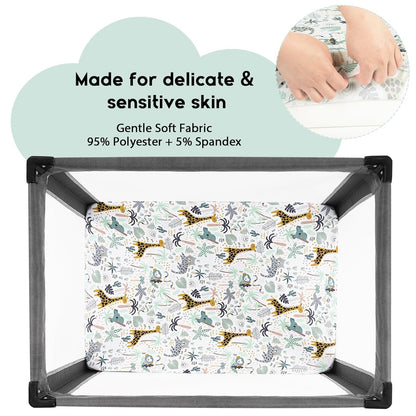 Yoofoss Fitted Pack and Play Sheets - Soft, Breathable Mini Crib Sheets 2-Pack in Green & Giraffe Design