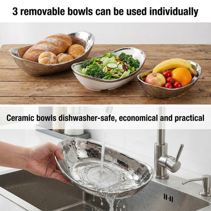 Goaste 3 Tier Ceramic Fruit Bowl, Oval Tiered Serving Bowl Set, Porcelain Fruit Basket with Metal Stand, Large Detachable Fruit Storage Holder Rack for Kitchen Counter, Vegetable, Cake, Dessert, Salad