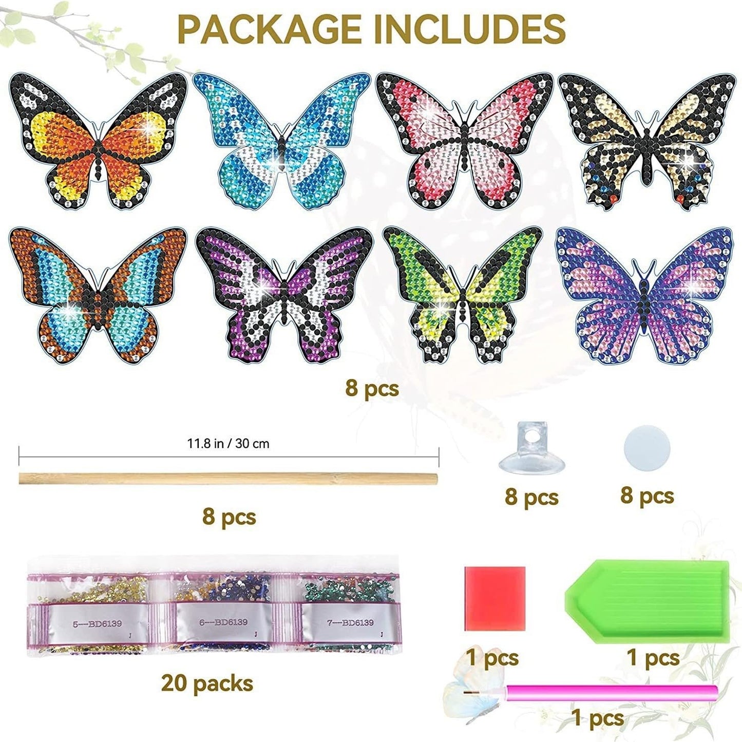 BEAUTYMEHNDI STORE 8 Pack Diamond Art Butterfly Plant Stakes – DIY Mini Diamond Painting Kit for Adults, Garden Decor, Partial Drill Jewel Art, Small Craft for Indoor & Outdoor Plants Adult