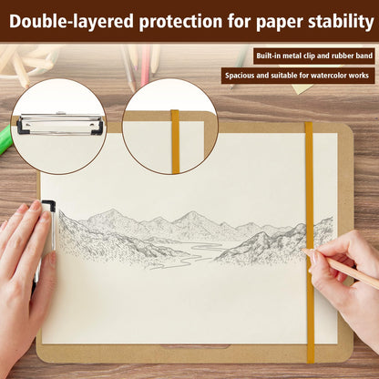 2PCS Wooden Sketching Boards, 13×17in Portable Art Painting Clipboards with Stainless Steel Clips and Elastic Straps, Drawing Supplies for Outdoor Sketching and Studio Use