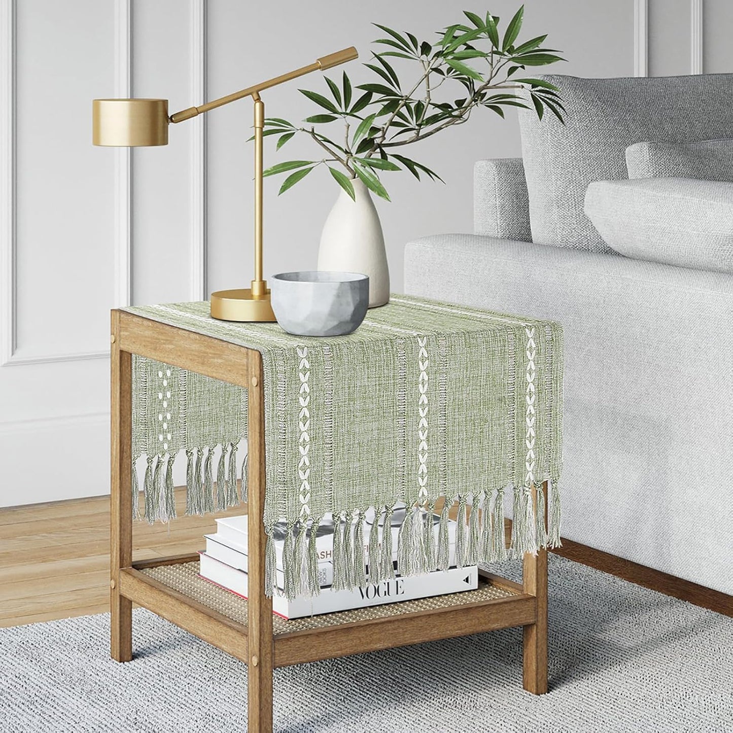 15.7 36 inch, Summer Boho Table Runner Short x Spring Sage Green Coffee Table Cover, Green Linen Small Table Cloth